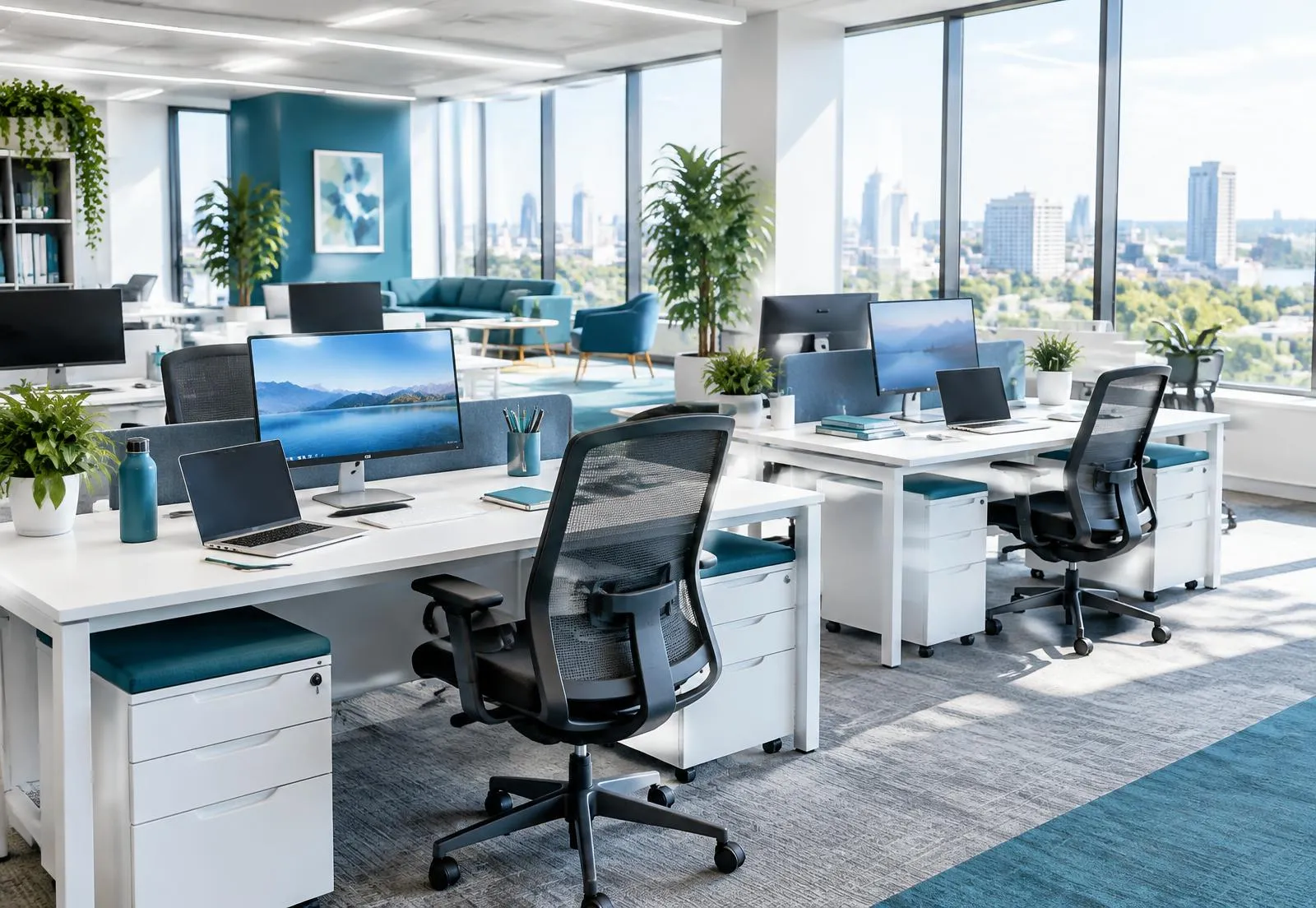 Oficina moderna equipada con laptops, monitores y sillas ergonómicas
